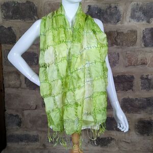 NO Brand Lime Green Paneled Fringe Scarf 26"x62"‎ Lightweight Squares Y2K
